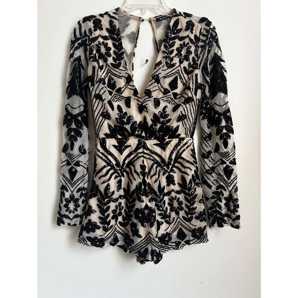 Banjul Black‎ Sequin Romper Long Sleeve Plunge Neck Party Cocktail S